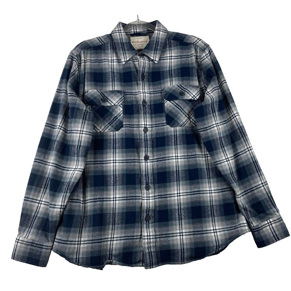 Wool Twill Plaid Weatherproof Men's Large Navy Grey Lumberjack Button Down Shirt